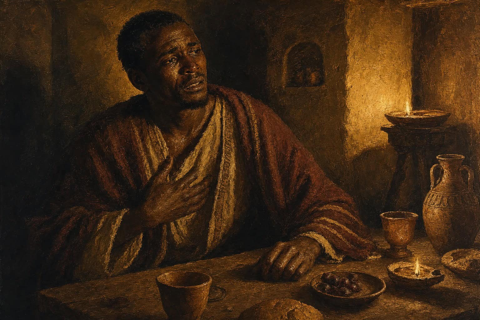 A lone figure at an emptied banquet table, candles guttering, a single face caught between a laugh and grief in dim gold