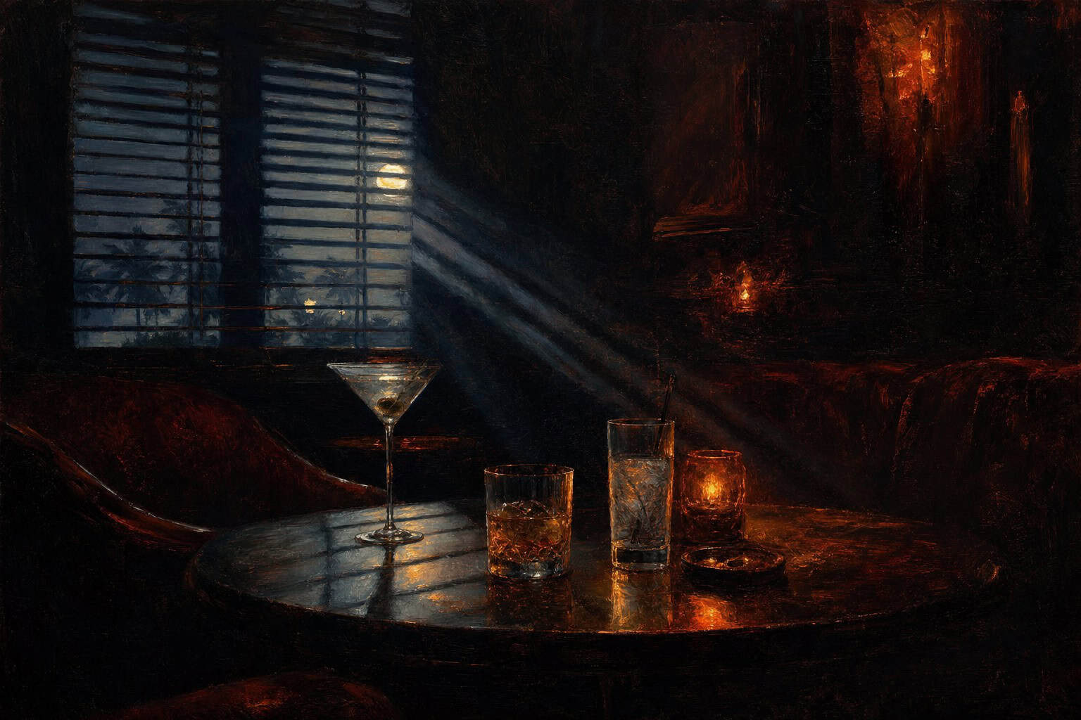 A man with a beard sits in a dimly lit room, reading a scroll, with a flickering candle and pottery nearby.