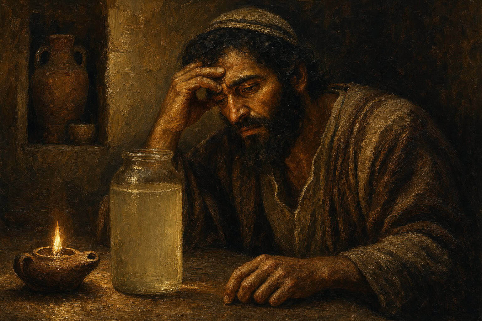 A dim room, a still glass jar of clouded water on a wooden table, one hand resting near it