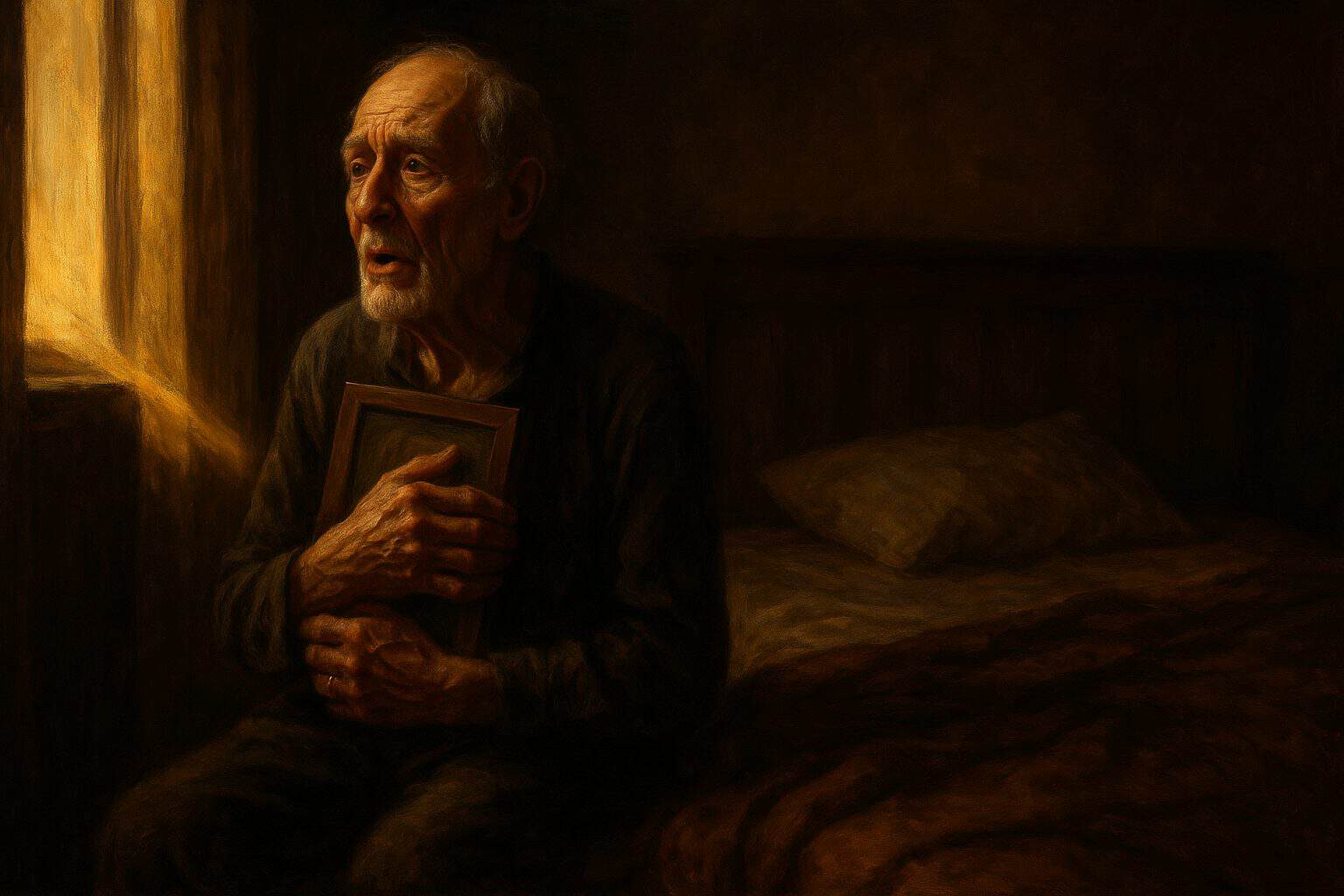 Elderly widower clutching a framed photograph at dawn, gazing at an empty bedside with aching longing