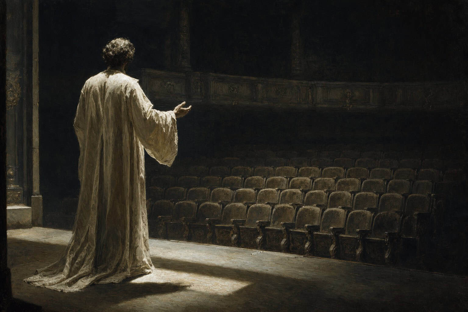 a single actor on a dimly lit stage, delivering lines to rows of vacant, dust-covered seats — Fractions of the Soul by Anthony Adore