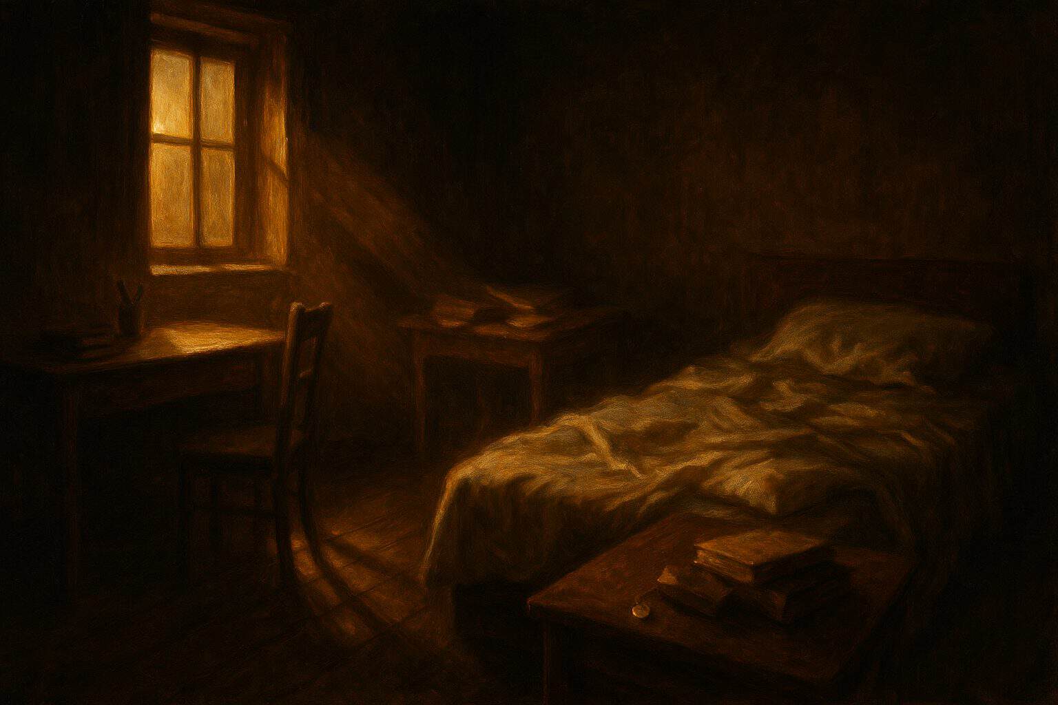 An empty sunlit room with arranged pens and an unmade bed, holding the quiet ache of absence
