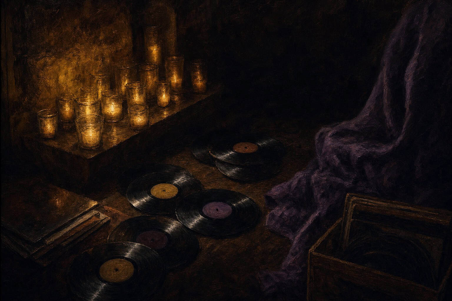 A bearded man in a dark robe writes on a scroll, illuminated by a flickering candle, surrounded by ancient scrolls and potter