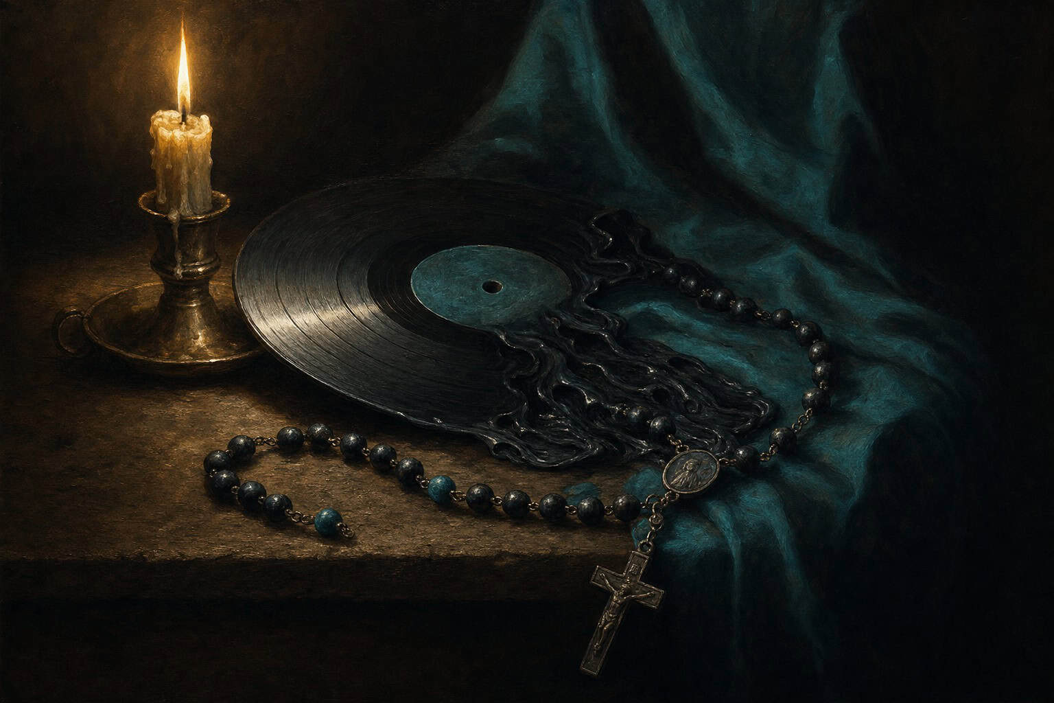 A vinyl record half-melted into a rosary — Confessions to the Empty Chair by Anthony Adore