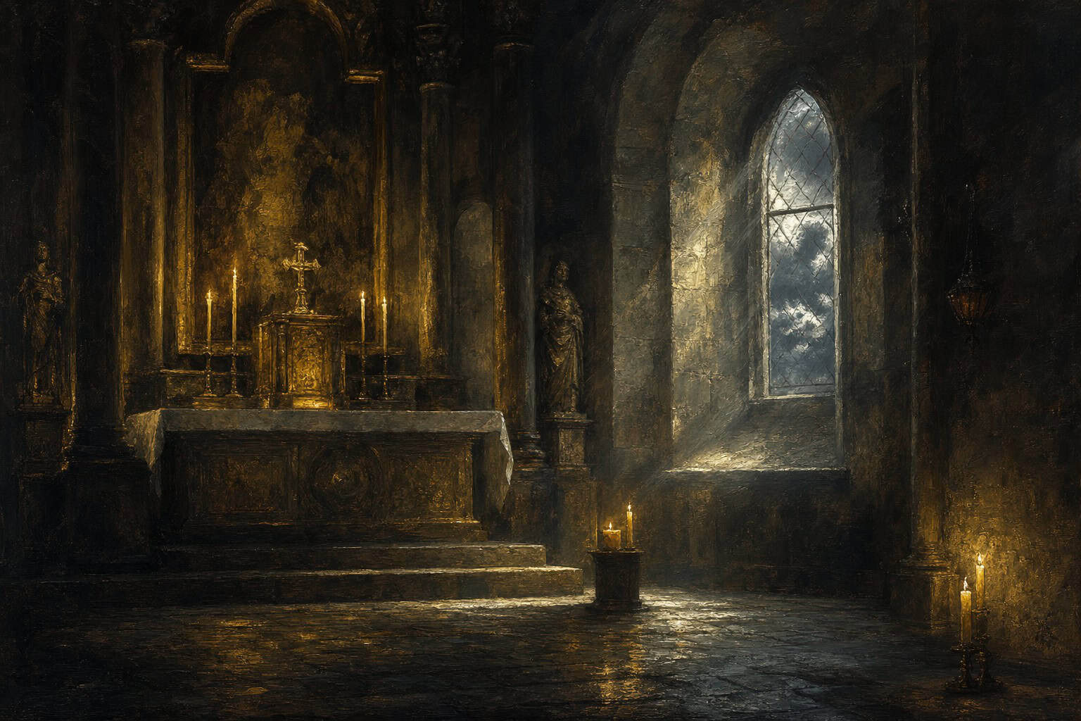 A bearded man in a robe kneels in prayer, hands clasped, illuminated by candlelight in a dimly lit room.