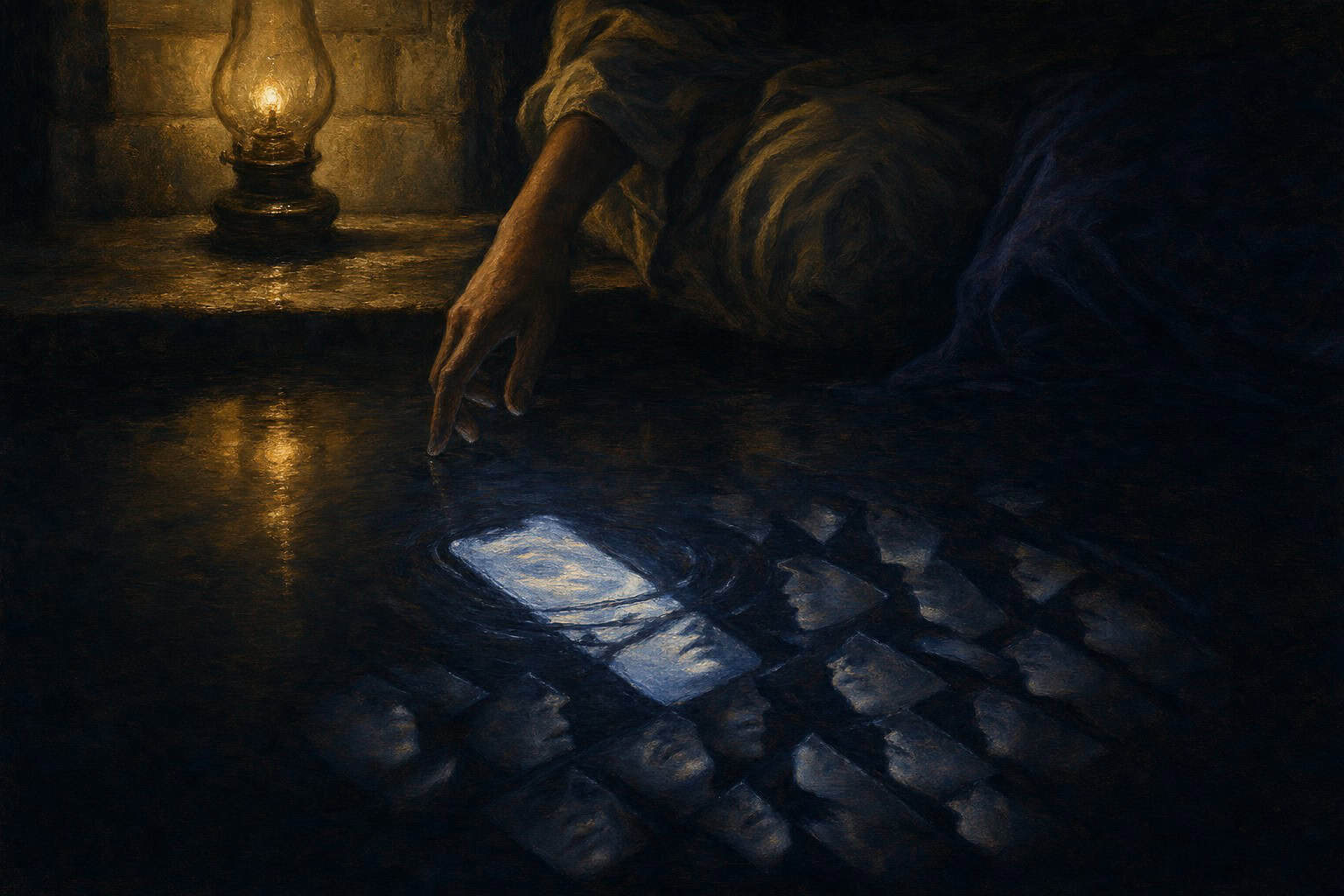 A young woman in a rustic setting leans over a stone basin, gently touching the water, with soft candlelight illuminating her