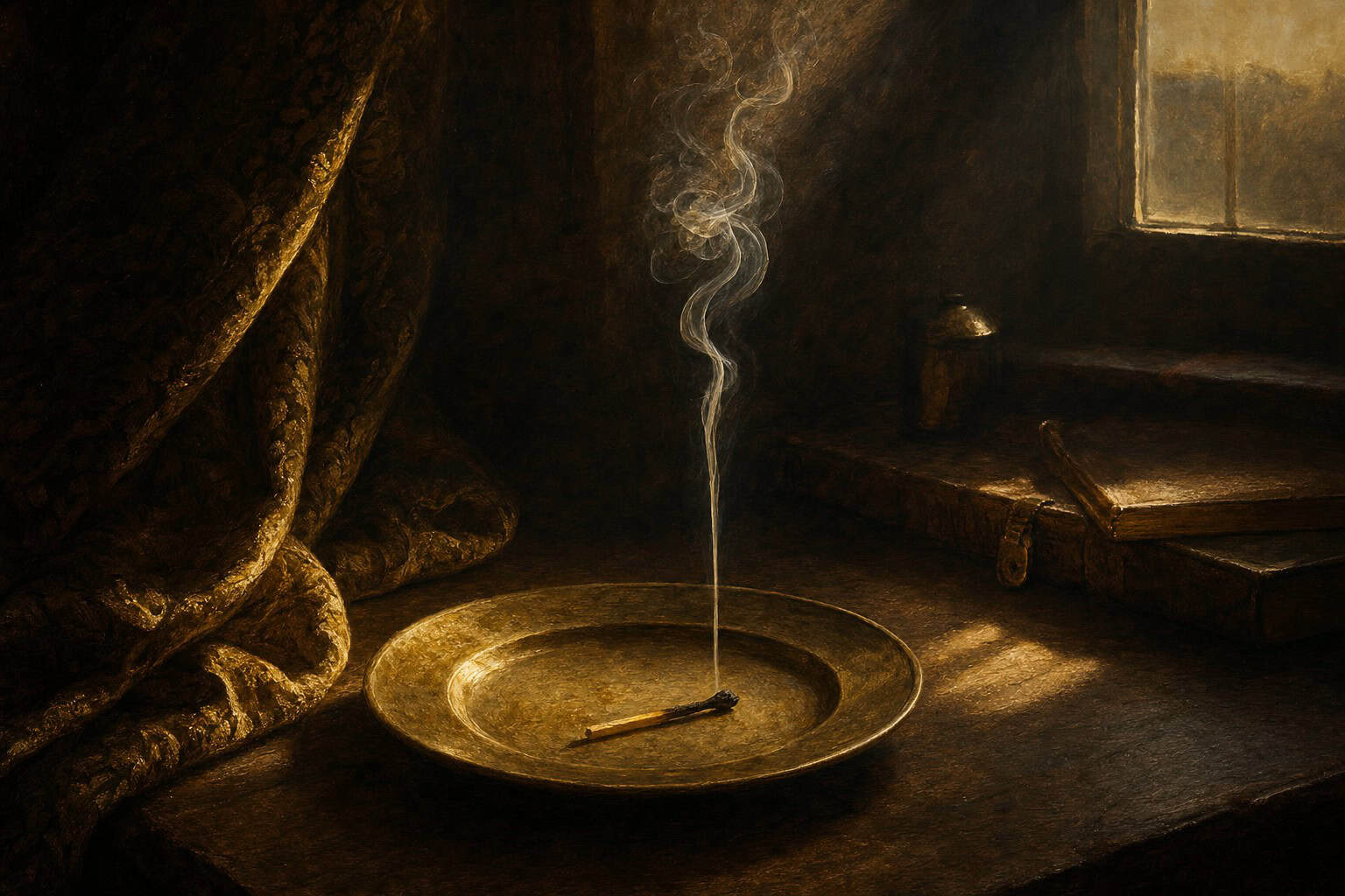 A man with curly hair and a beard sits at a table, gazing thoughtfully, with a scroll and a lit candle nearby.