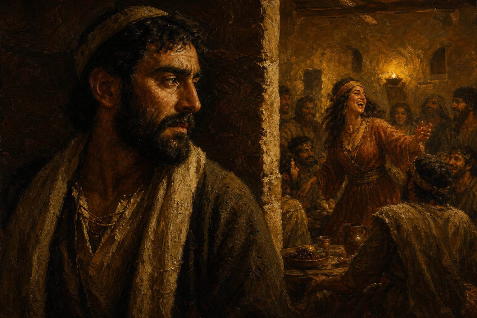 A solitary figure at the edge of a warmly lit crowded room, half in shadow, watching a woman laugh in the distance