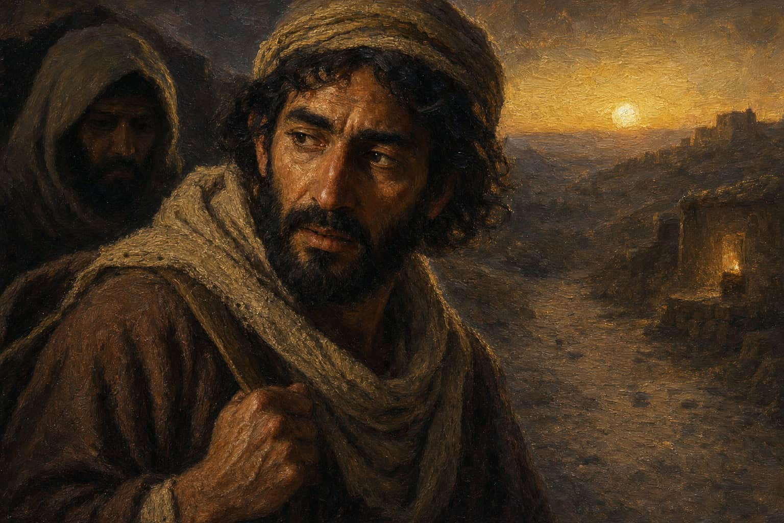 A lone figure walking a dim road at dusk, one hand still half-clenched, a faint second presence beside him barely visible