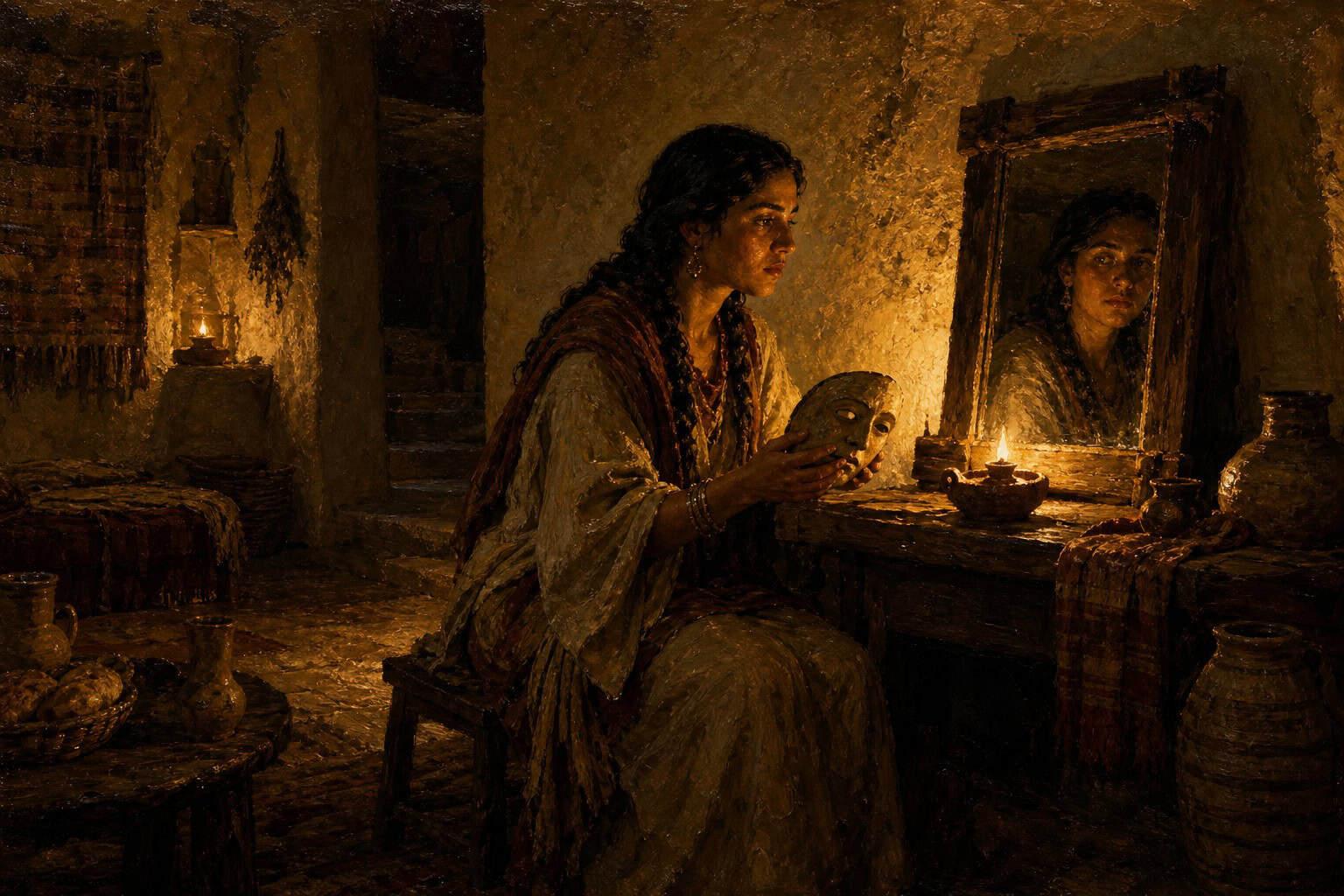 A person alone in a dim room at a mirror, a mask resting in their open hands, one face lit warm, the other in shadow