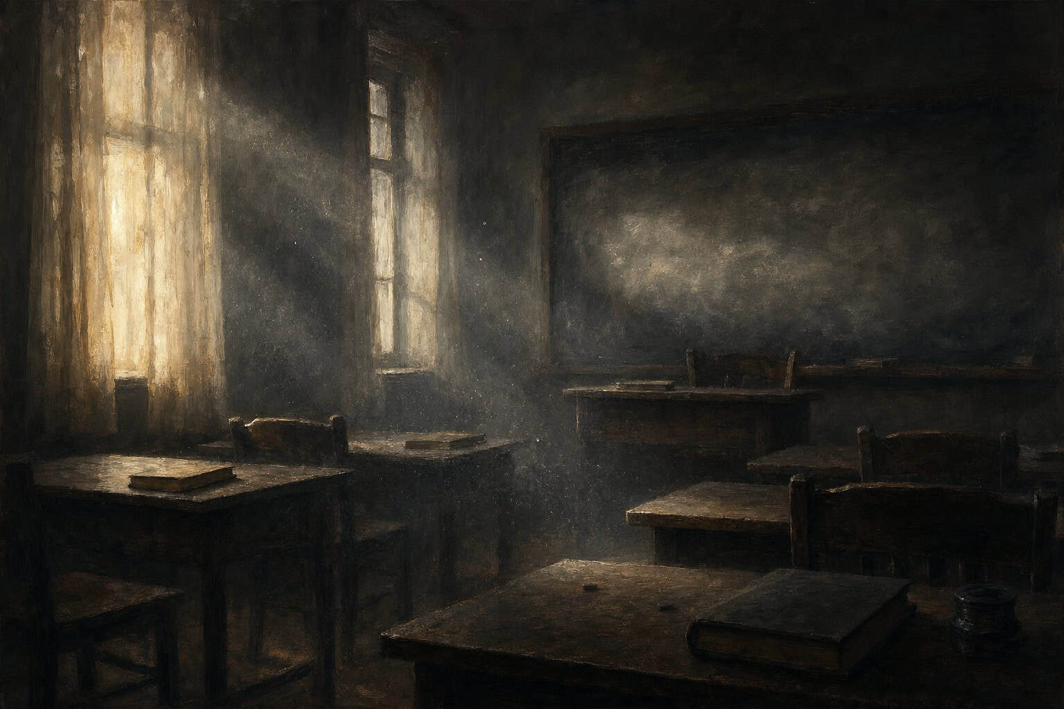 A seated man with a beard reads scrolls on a table in a sunlit, rustic setting, surrounded by pottery and stone walls.