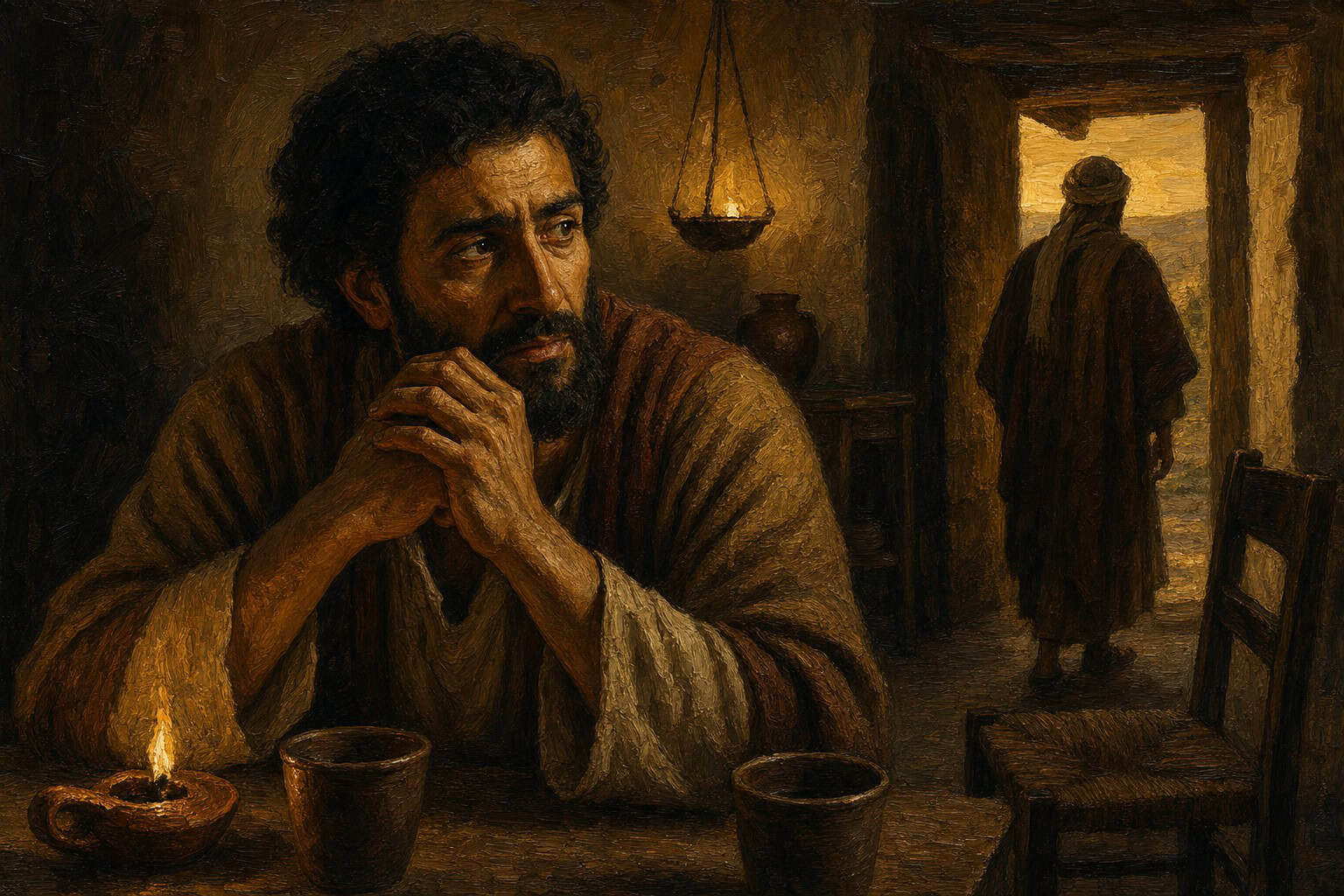 A man sits with clasped hands at a candlelit table with two cups while another figure leaves through a doorway.