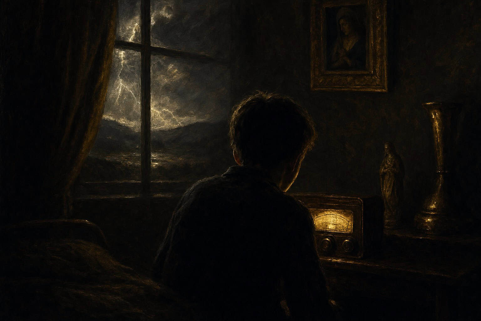 A contemplative figure sits by a window, gazing out at a stormy landscape, with a candle flickering nearby.