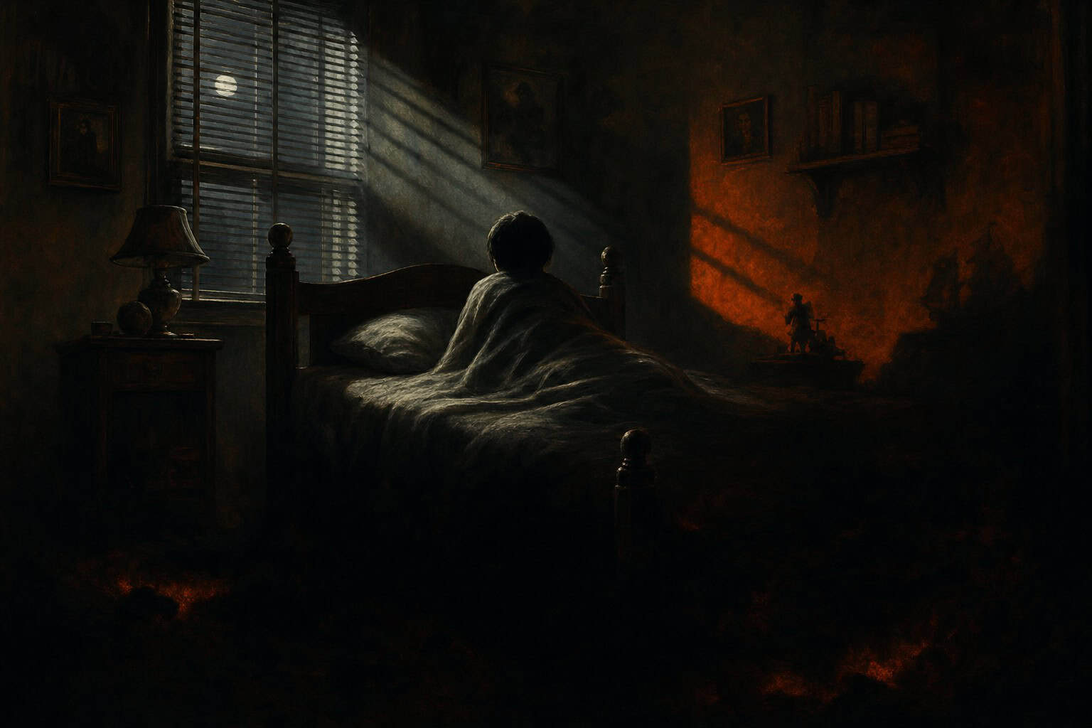 A young boy sits on a bed, gazing out a window at the moonlit night, with a flickering candle beside him.