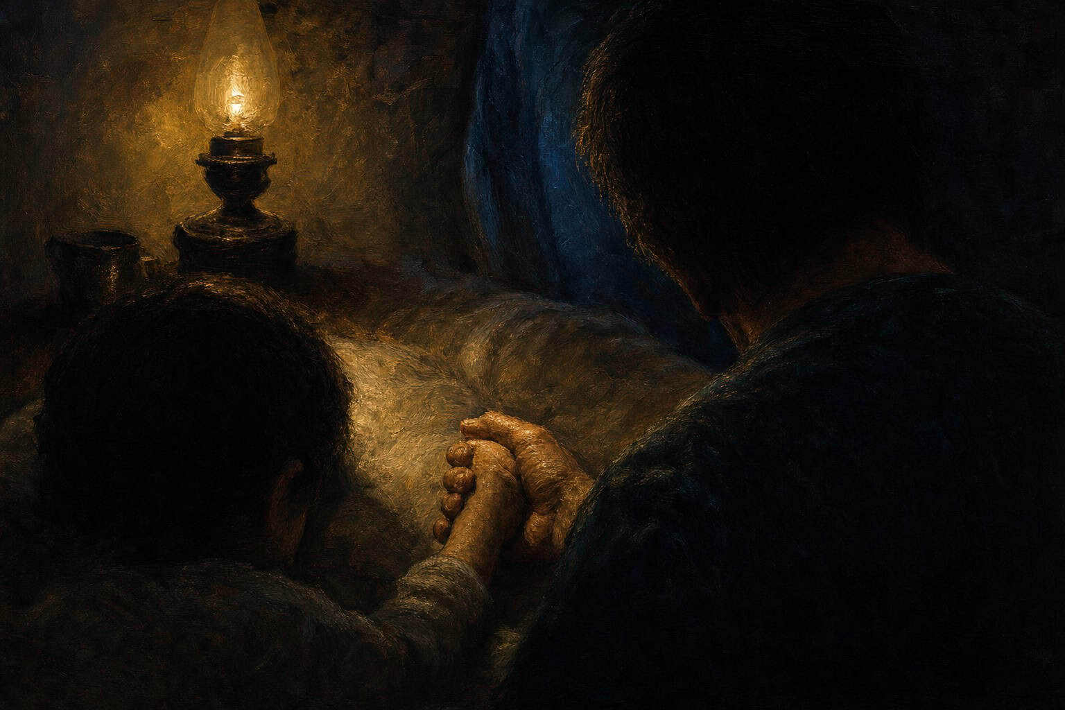 A man and a boy stand together in a dimly lit room, holding hands, both smiling warmly at each other.