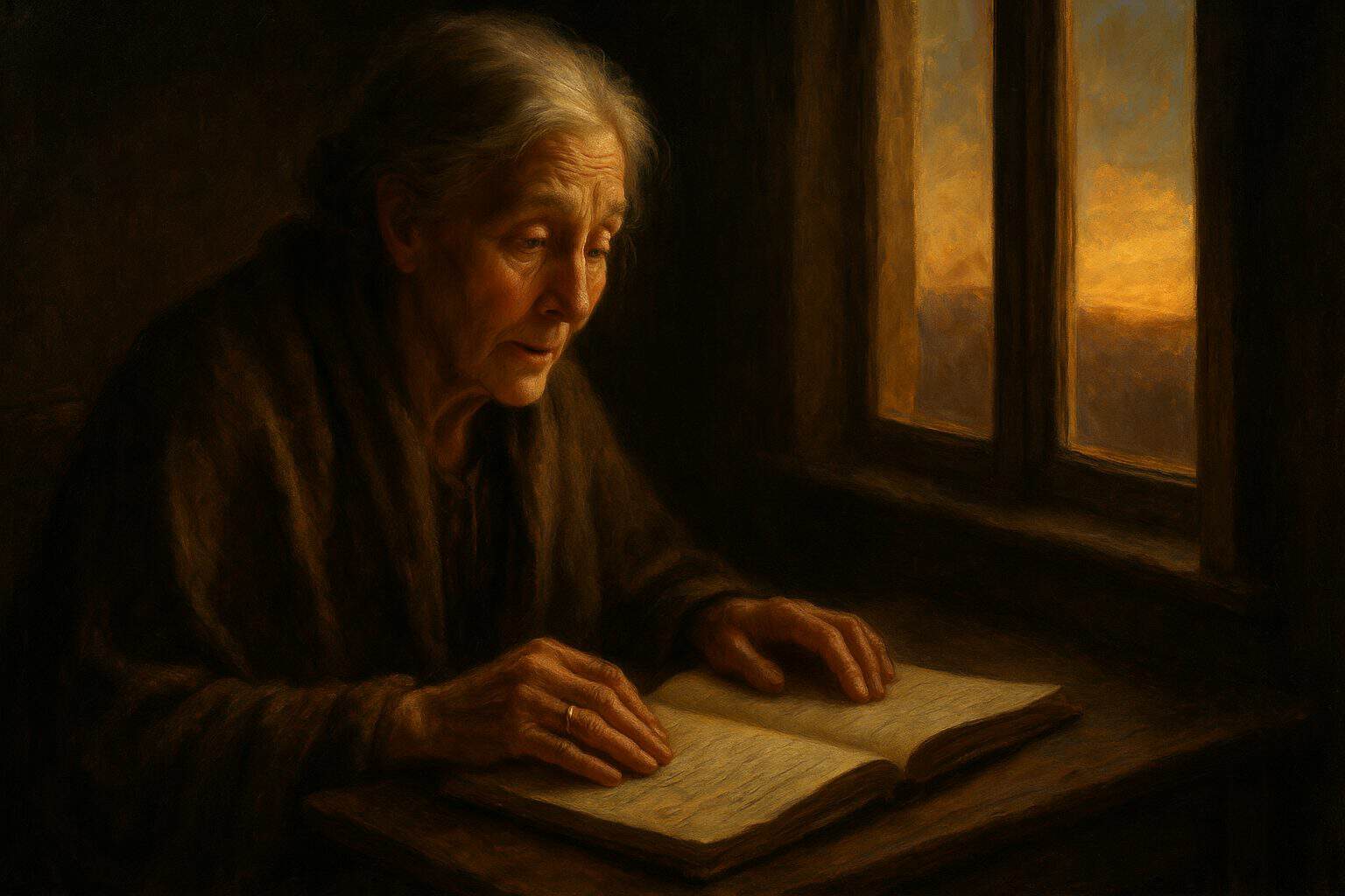 An old woman at dawn rereads her journal, her face lit with quiet startled recognition