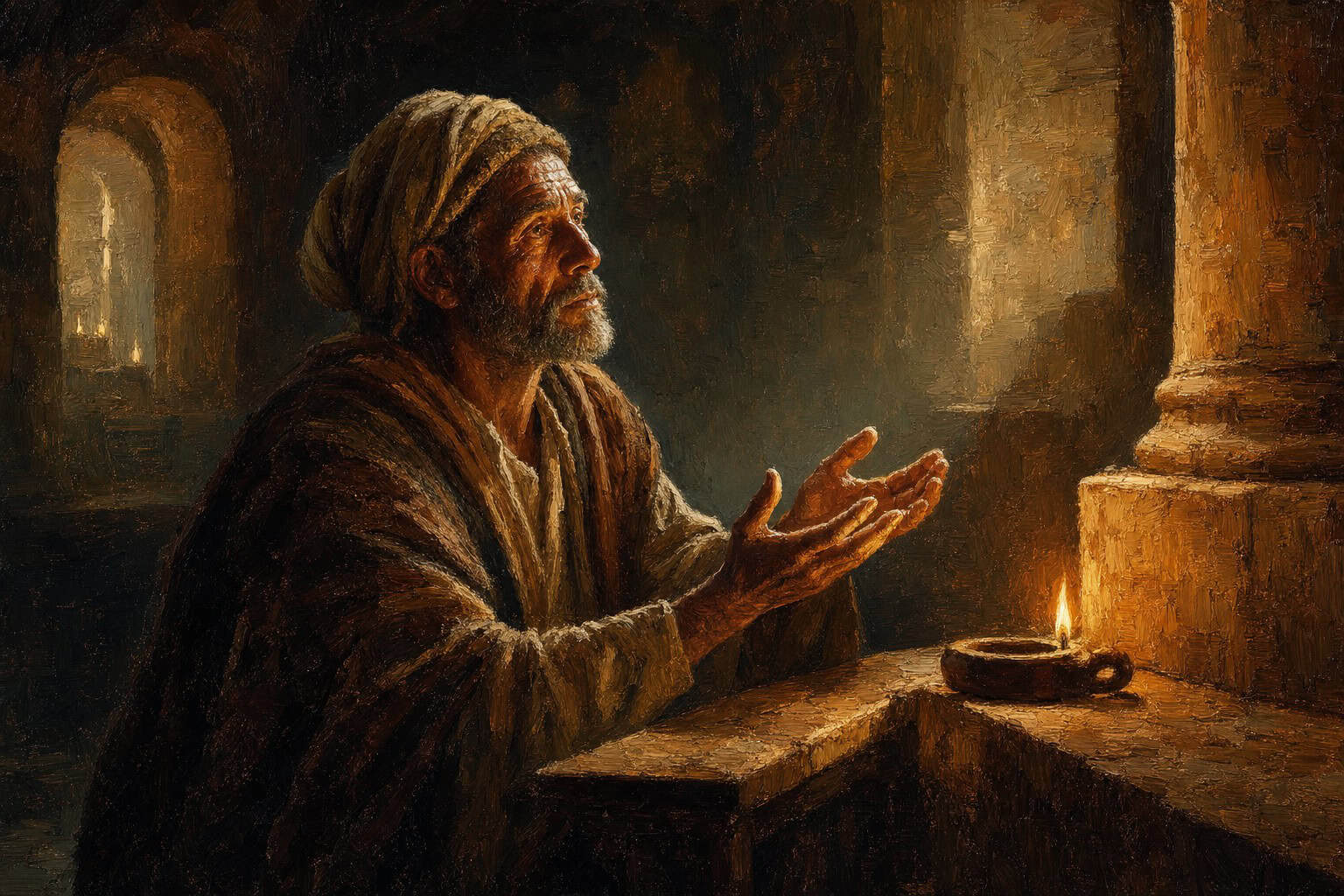 A boy kneeling at a dim altar rail, open hands lit by a single low candle, fog softening the edges of the church