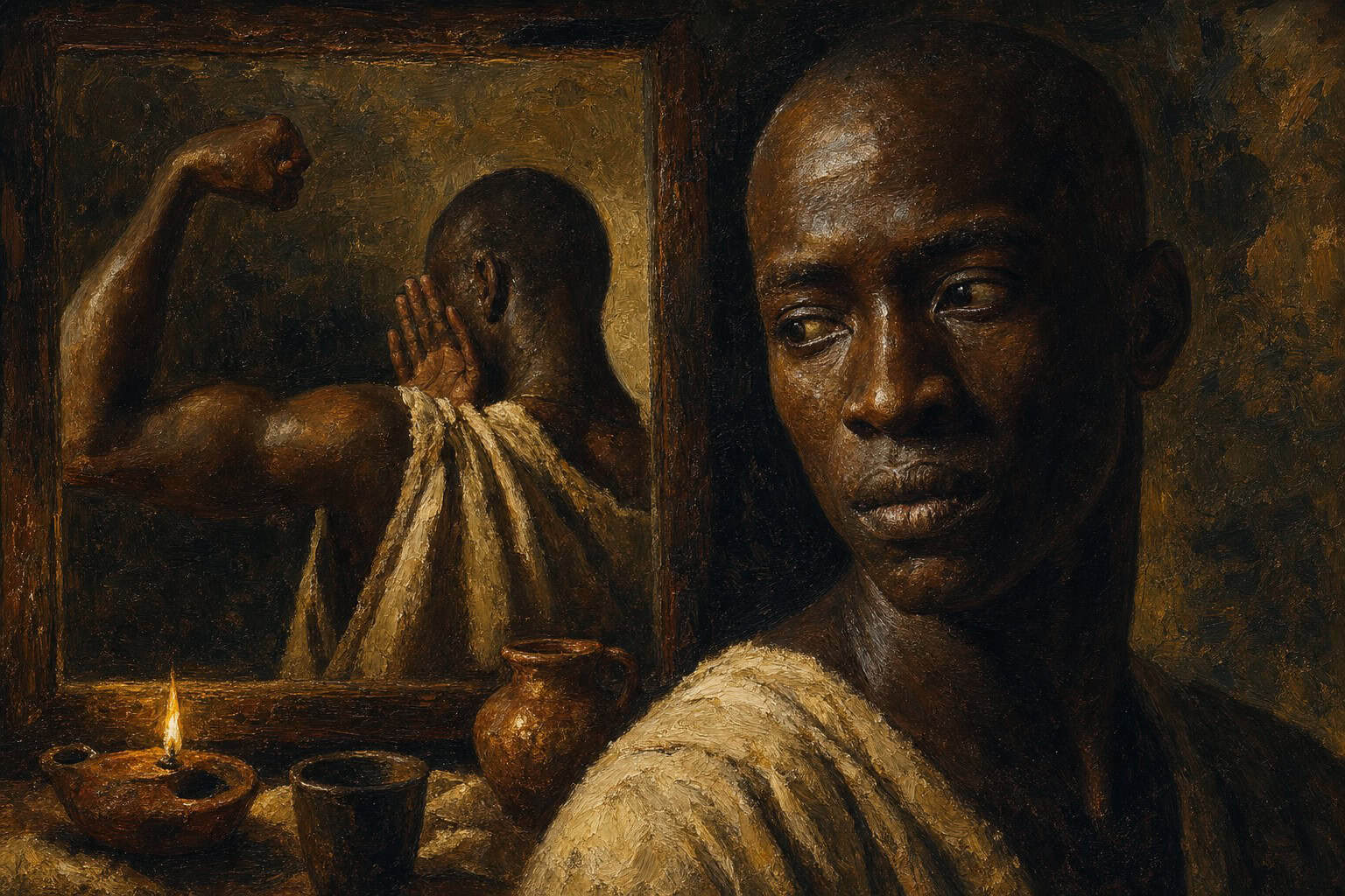 A dim room where a mirror shows a figure both flexing and turning away, one hand half-raised to cover the face