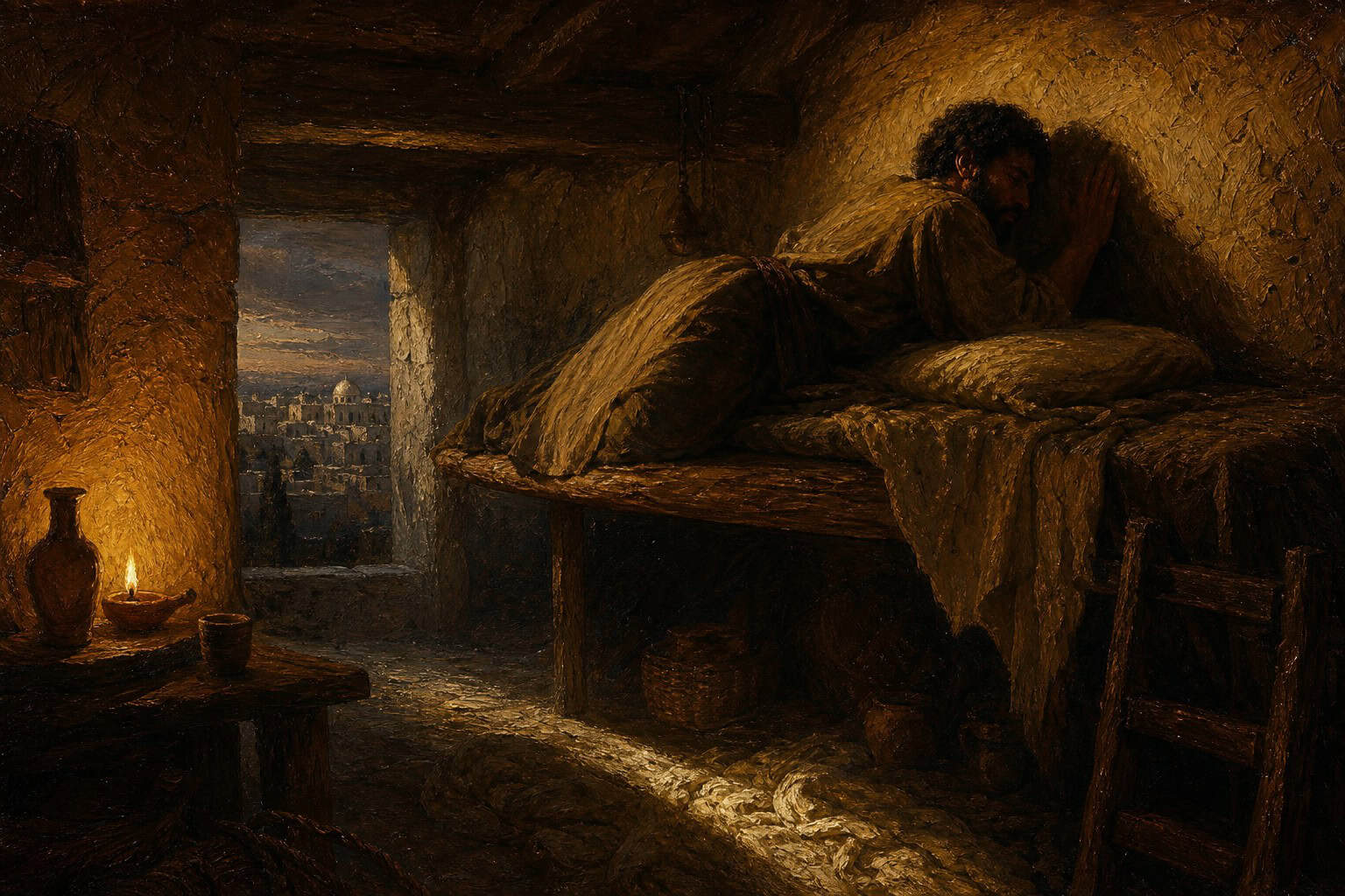 A narrow upper bunk in dim light, one figure turned toward the wall