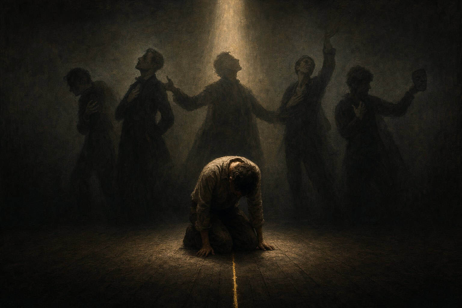 A figure collapsed to their knees, translucent overlapping shadows of their former performing selves ranged behind them — a painterly chiaroscuro oil painting evoking the attunement of Reckoning, by Anthony Adoré.