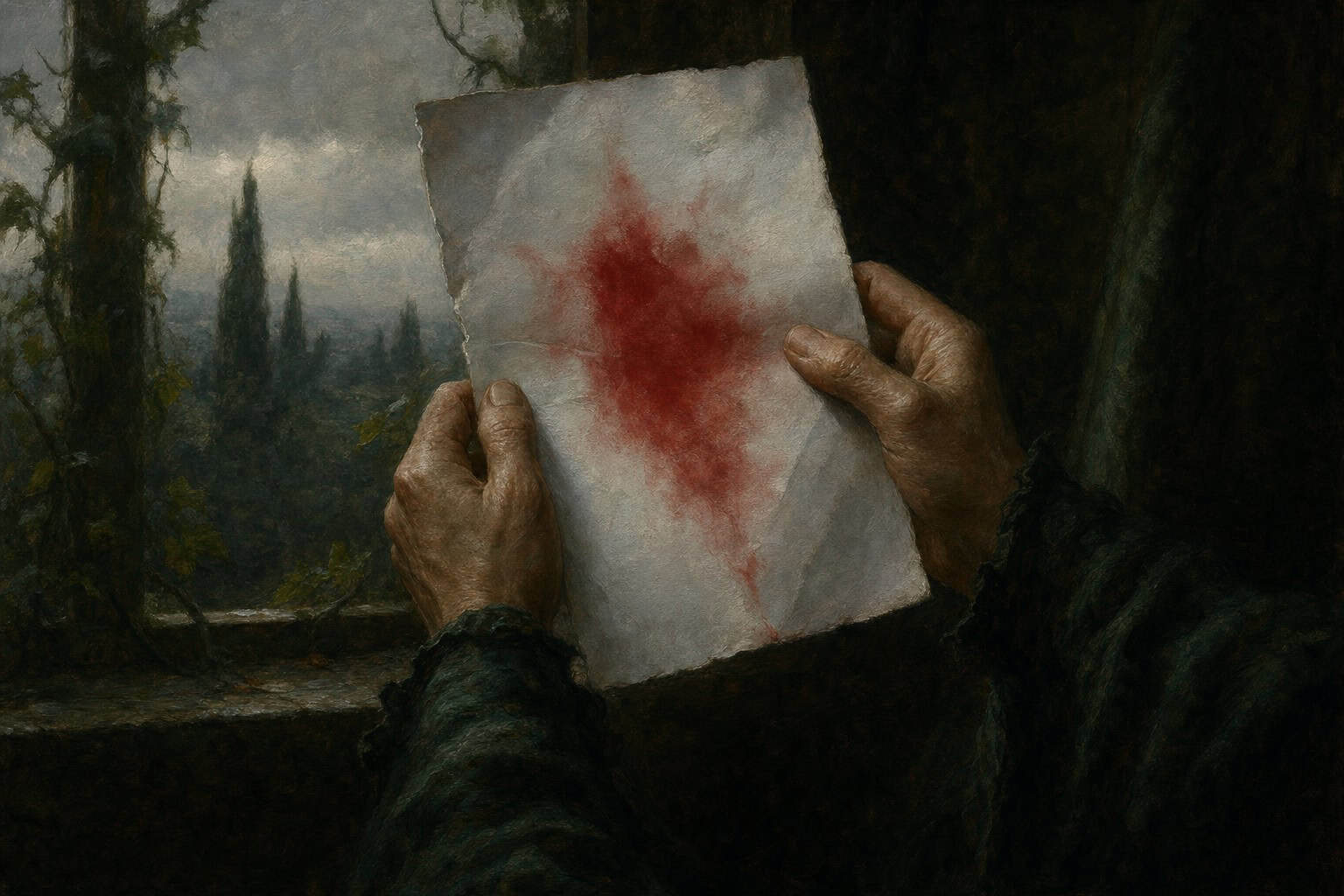 An elderly man with a beard examines a scroll, illuminated by candlelight, with a dark landscape visible outside.