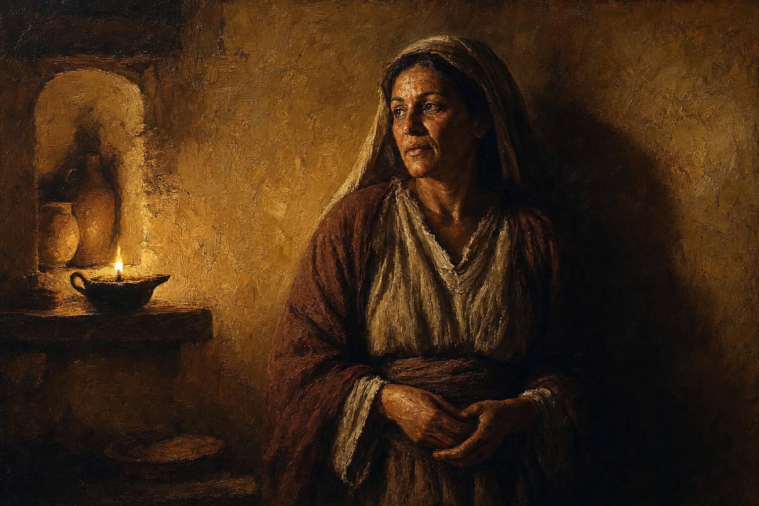 A woman standing calm beside a dim candle in a mirrorless room, her face half-lit and unreadable