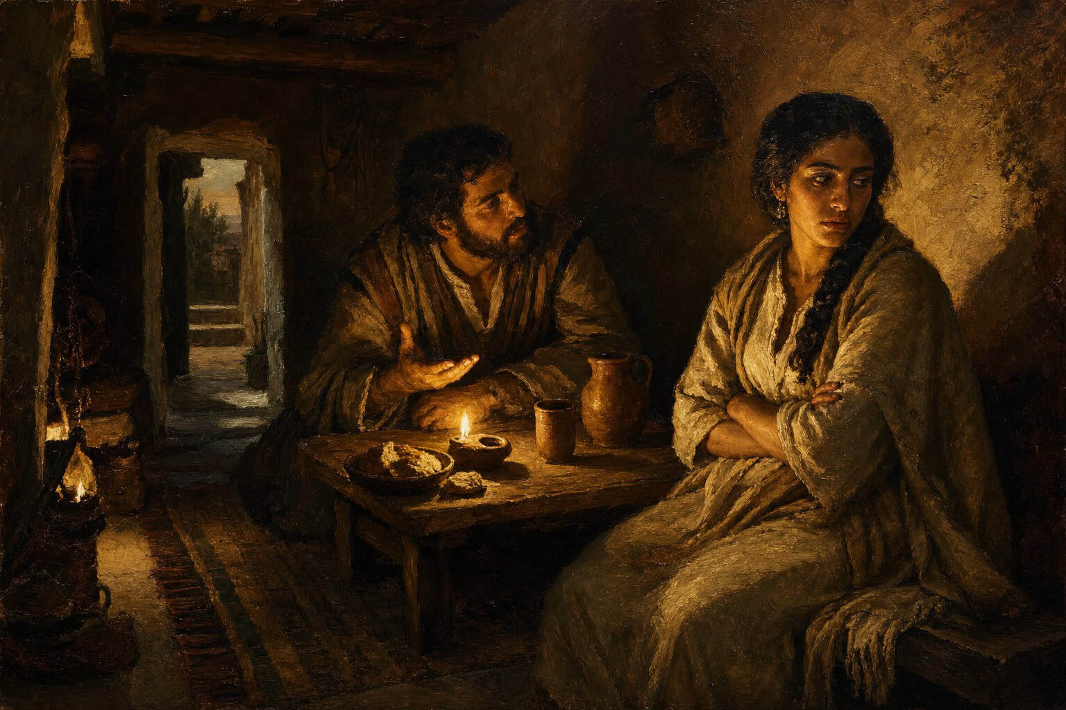 A man and woman at a small table in dim lamplight, she turned slightly away with arms crossed, he leaning in mid-word