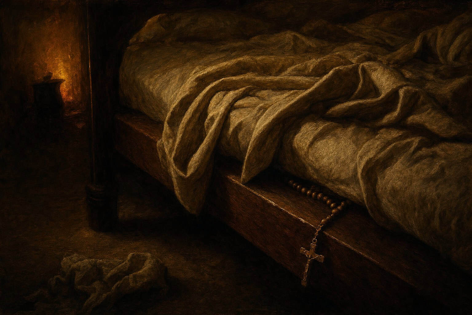tangled bedsheets resembling chalk lines, with a single rosary half-slipped between mattress and frame — Confessions to the Empty Chair by Anthony Adore