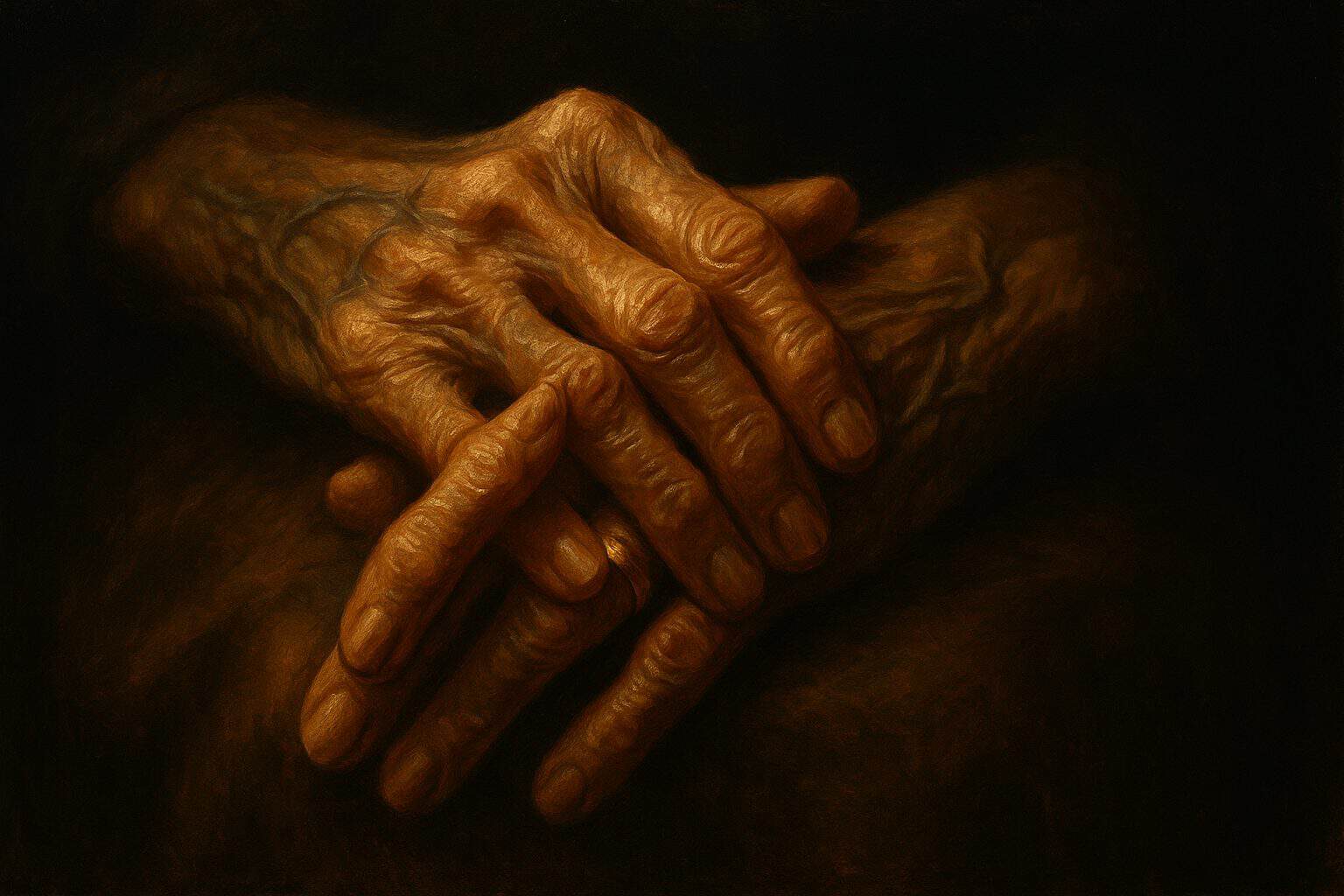 Elderly woman's clasped hands lit warmly, one touching the other in quiet contemplative wonder