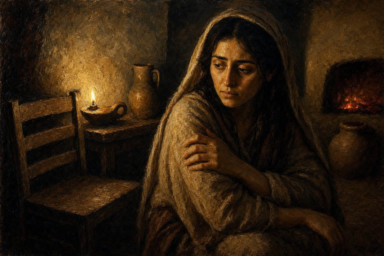 An empty wooden chair beside a lit oil lamp in a dim kitchen at dusk, warm coals glowing