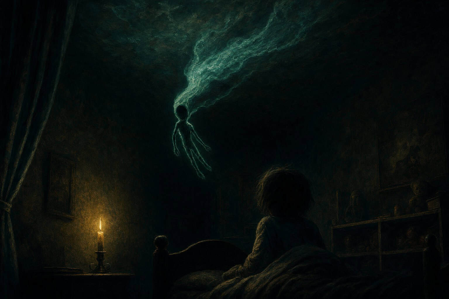 A young boy sits on the floor, looking up in awe at a glowing figure above him, with a scroll and a lit lamp beside him.