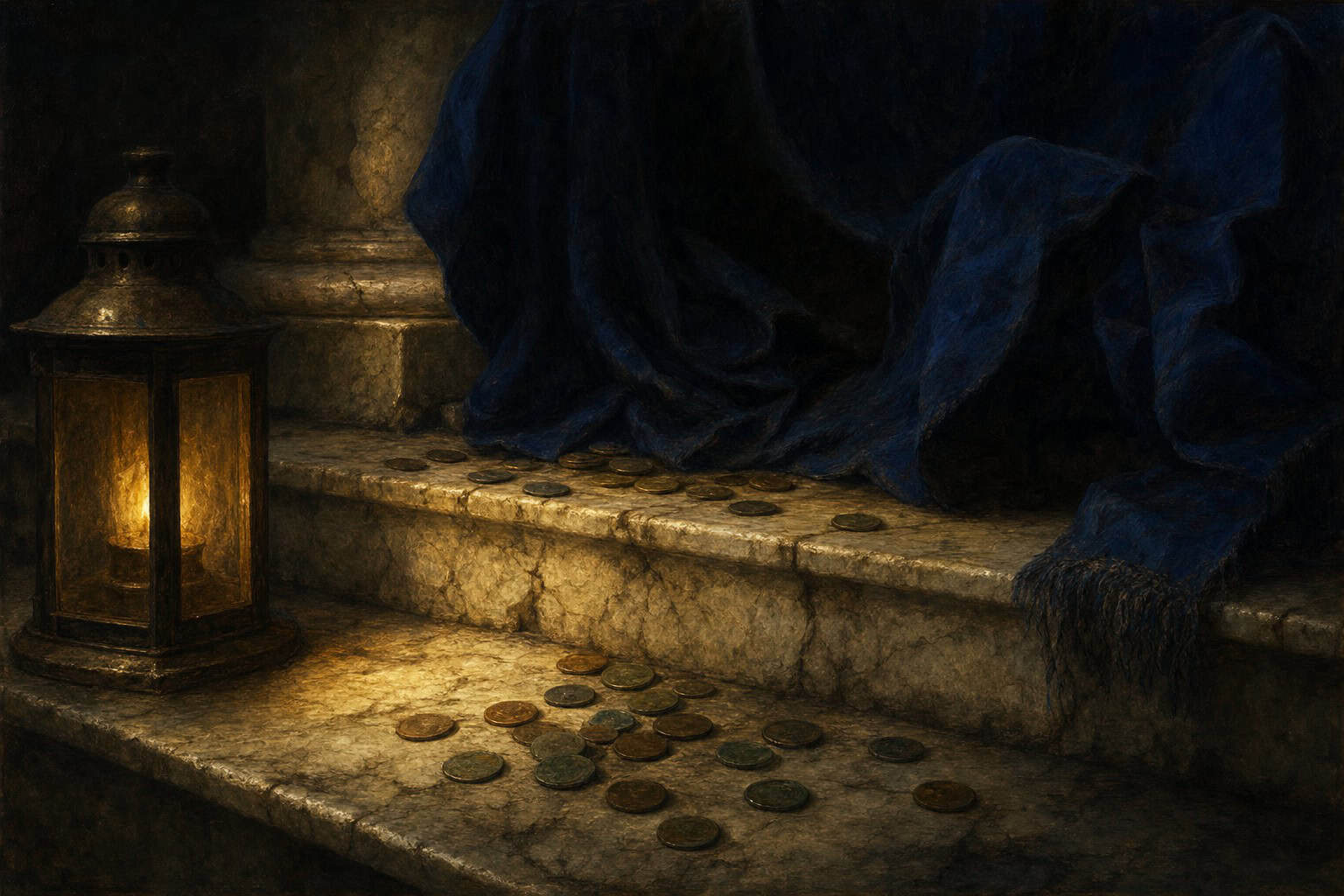 weathered coins scattered on old marble steps — Confessions to the Empty Chair by Anthony Adore