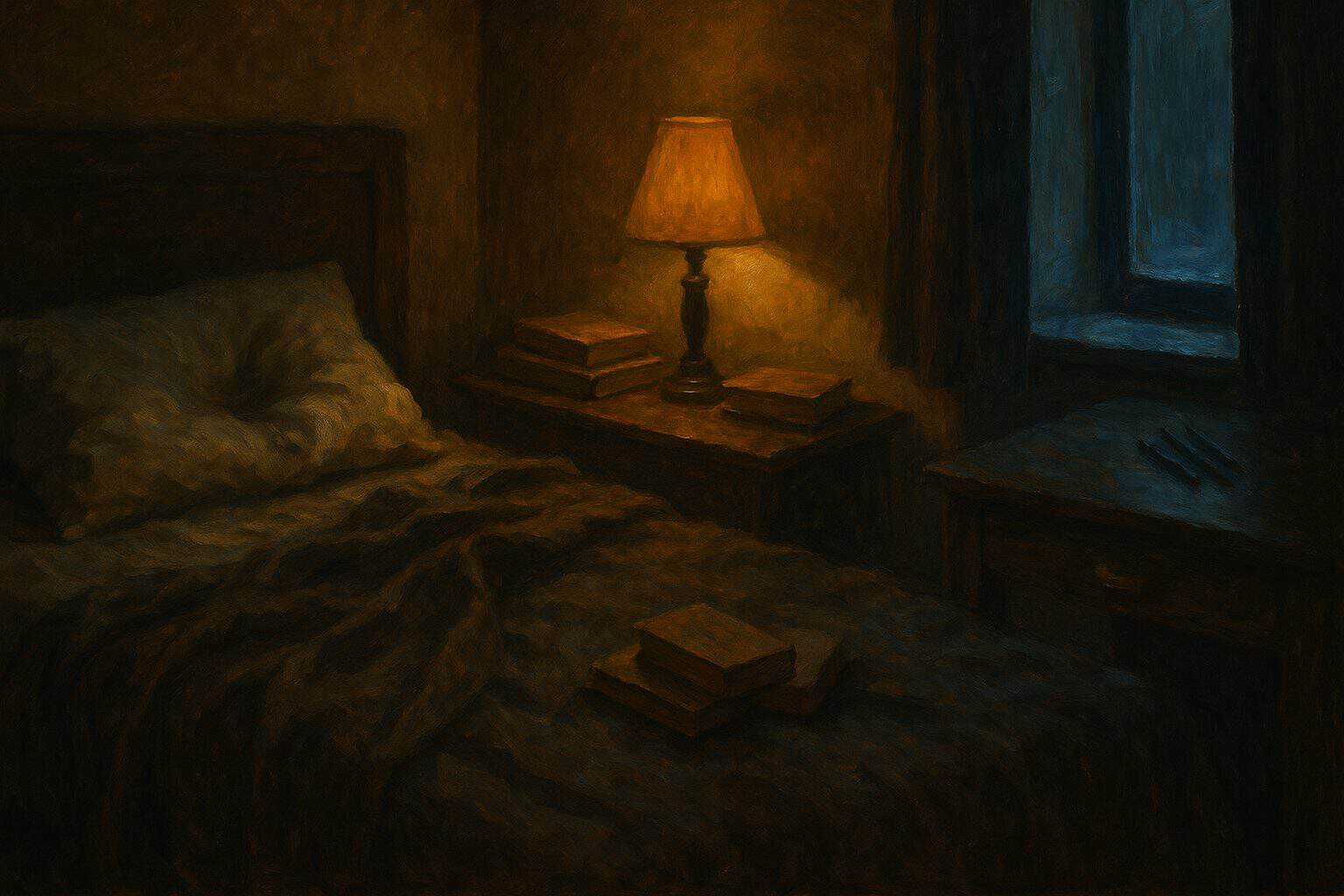 An empty rumpled bed at dawn with a pillow's lingering impression, holding the ache of a departed presence
