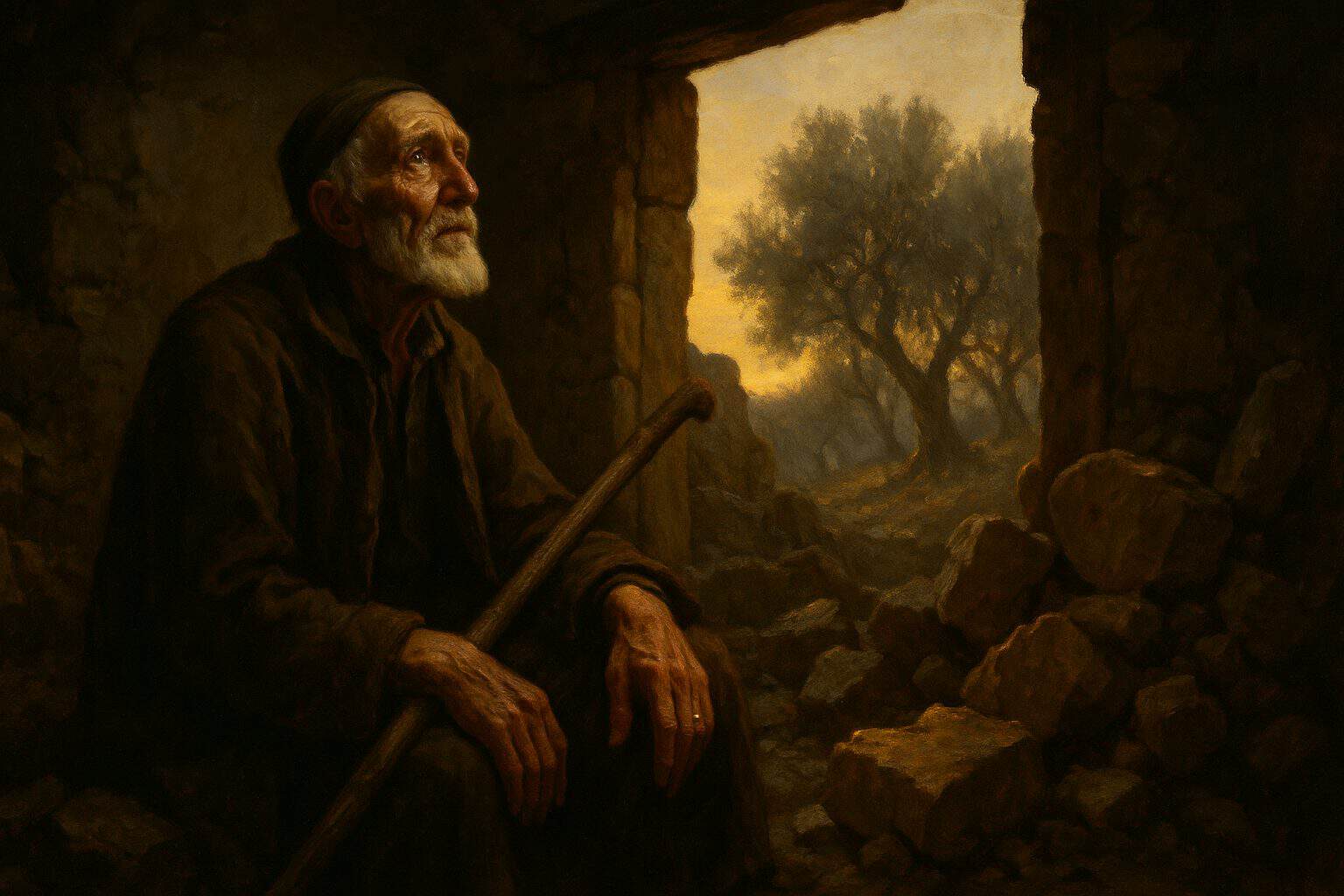 Old shepherd with a favored leg sitting in dawn light among ruins, sorrow easing into acceptance