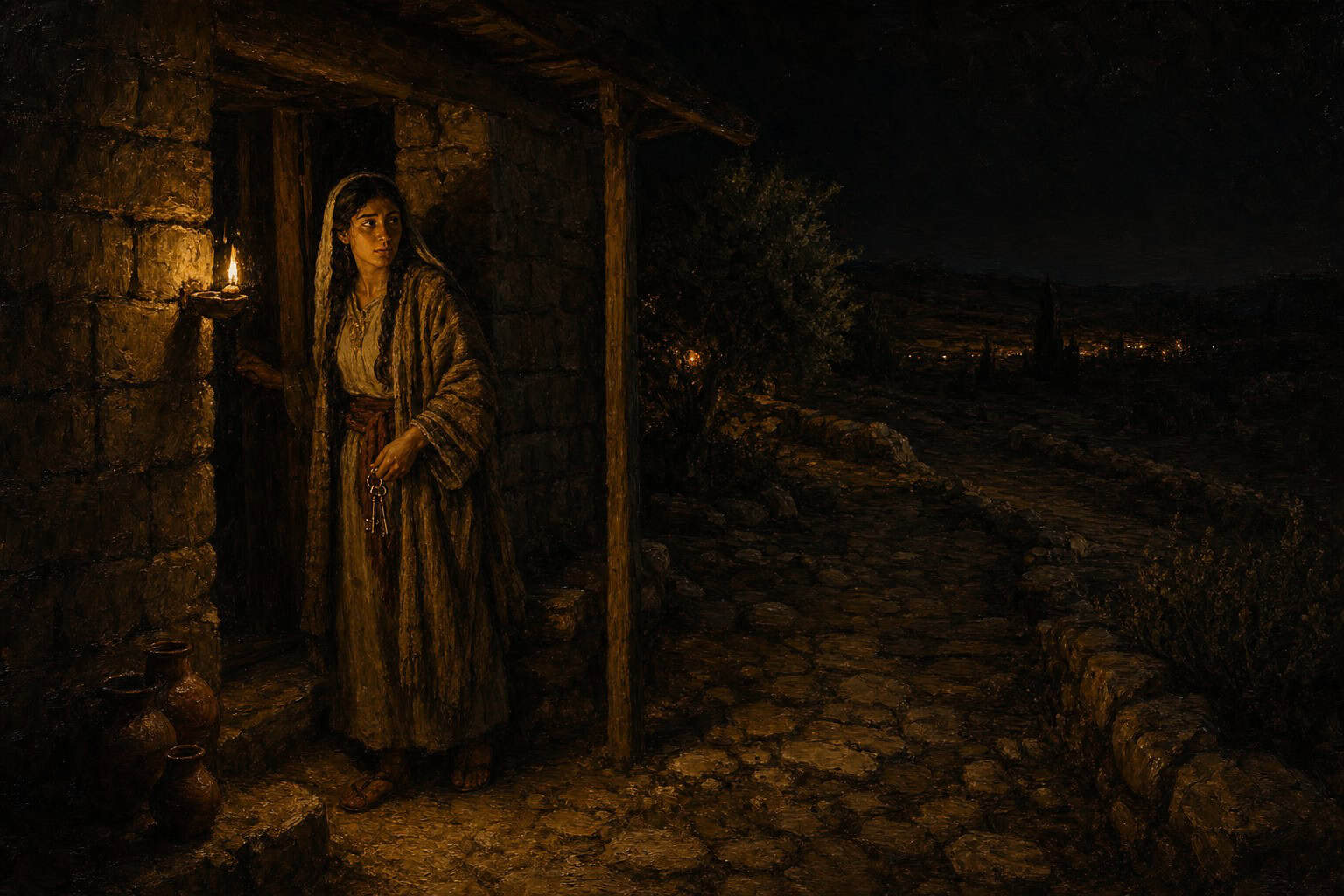 A lone figure lit by a single porch light in a dark stone path, keys glinting, the vast black beyond the gravel