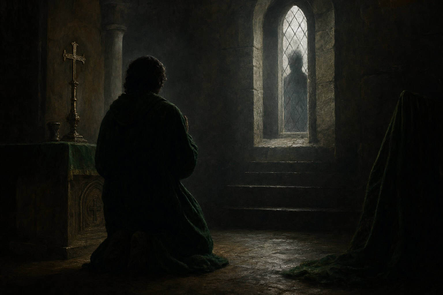 a kneeling figure in a dim stone church, mid-prayer, caught off guard by a face suddenly appearing in a — Confessions to the Empty Chair by Anthony Adore