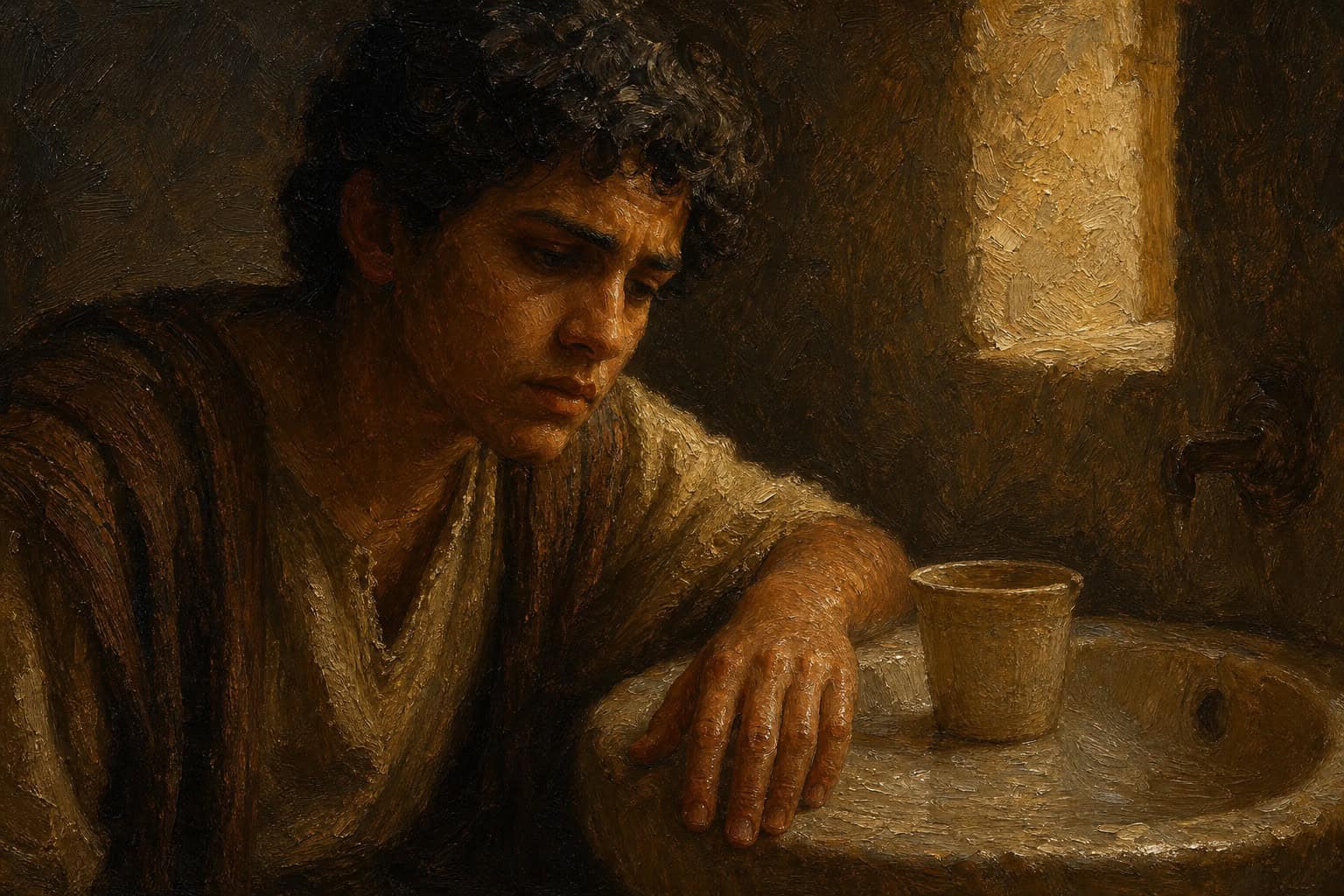A single hand resting on a bathroom sink beside a small paper cup, dim window light falling across water-marked porcelain