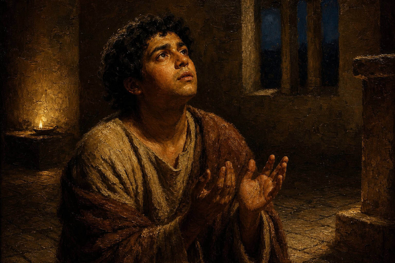 A lone figure kneeling in the shadowed rear of an empty chapel, faint votive light on stone, night pressing at high windows