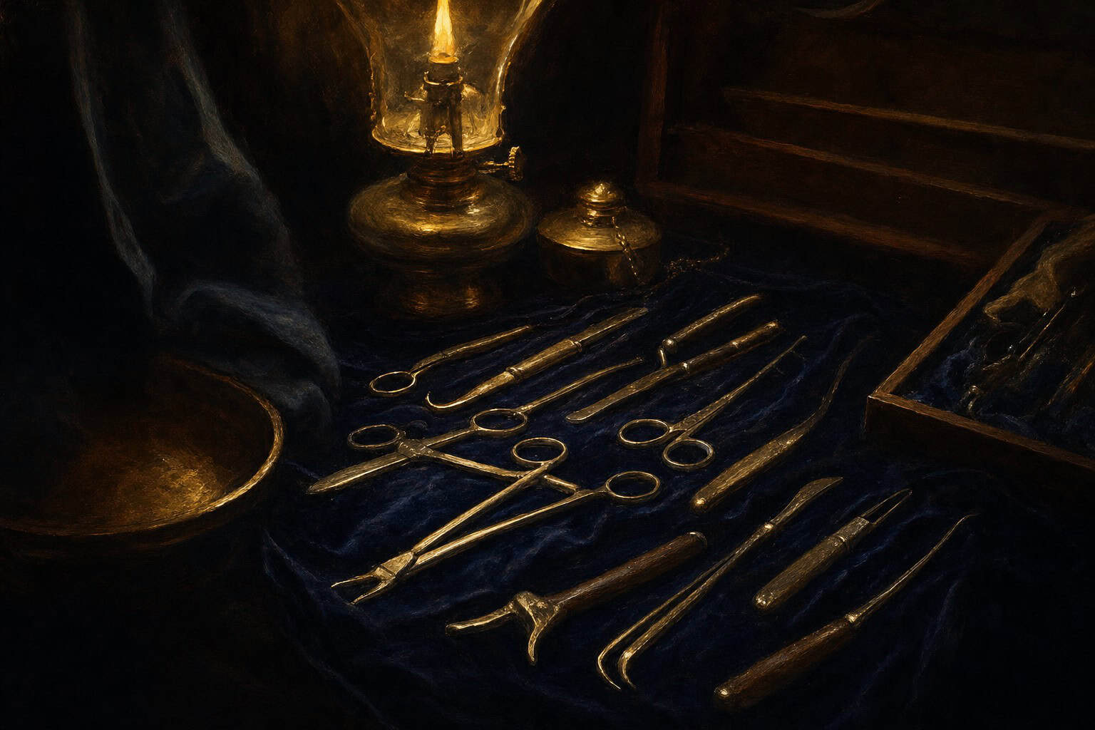 A bearded man examines tools on a wooden table, illuminated by a soft candlelight, surrounded by pottery and scrolls.