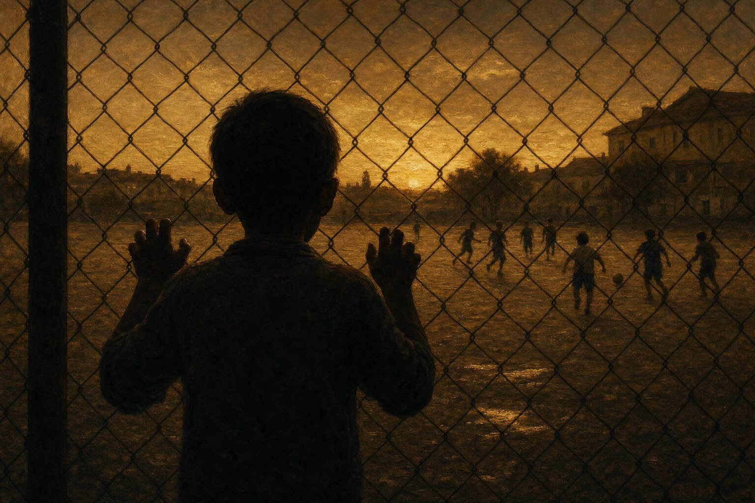 A young boy gazes through a barred window, watching two children play with a ball in a dimly lit outdoor setting at sunset.