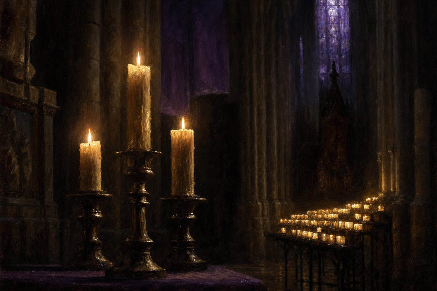 three candles burning at different heights in cathedral darkness — Confessions to the Empty Chair by Anthony Adore