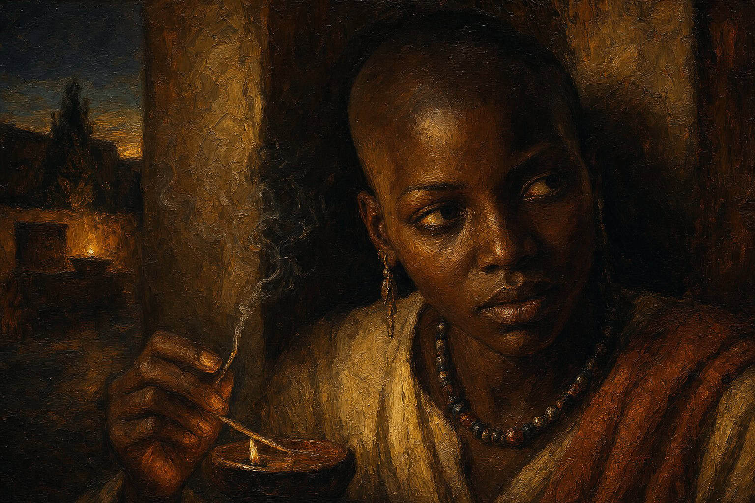 A young woman on a dark porch, a smoking taper ash falling, her face half-lit and listening intently to someone unseen