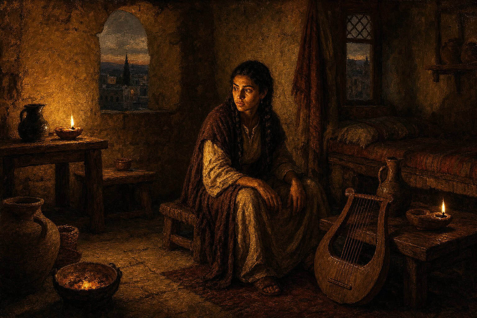 A lone figure sitting behind the reins of a low stone chamber at dusk, a lyre off, hands loose, windows fogged