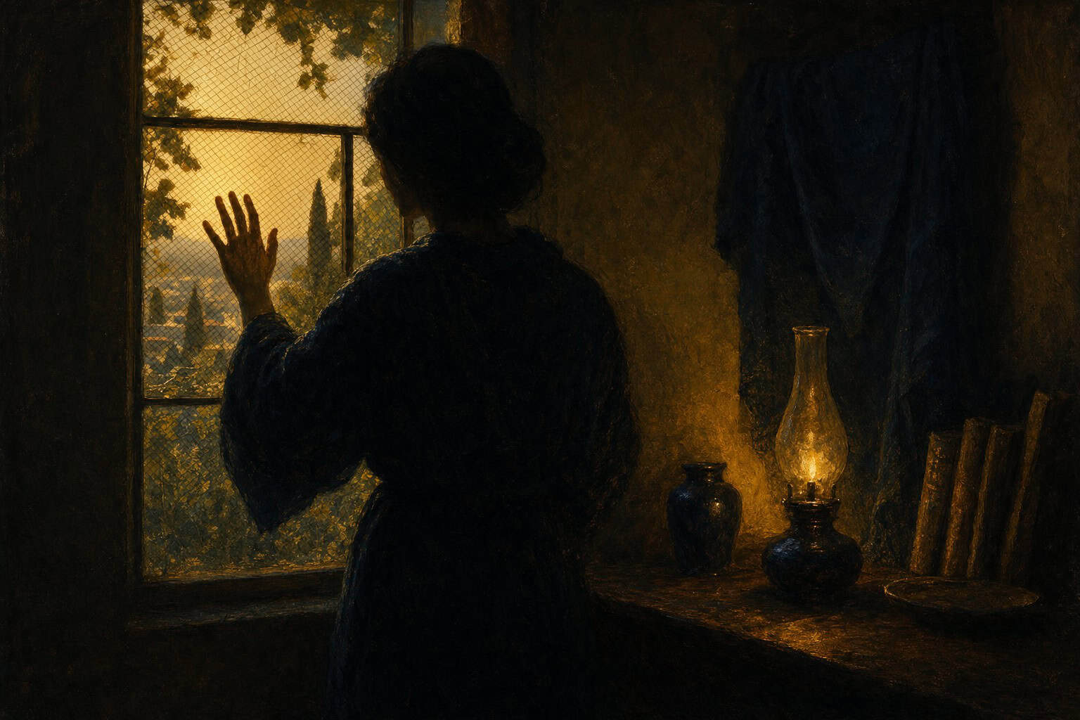 A woman gazes thoughtfully out a window at a sunset, illuminated by a nearby oil lamp, with a rustic interior surrounding her
