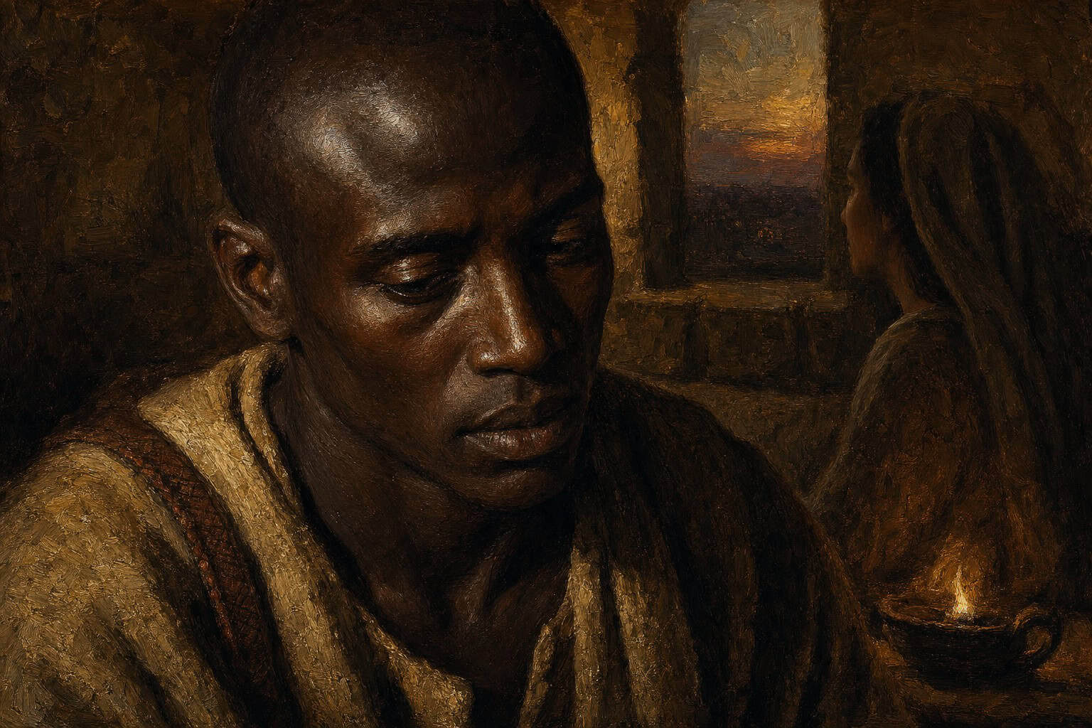 A lone figure inside a low stone chamber at dusk, windows fogged, face turned down