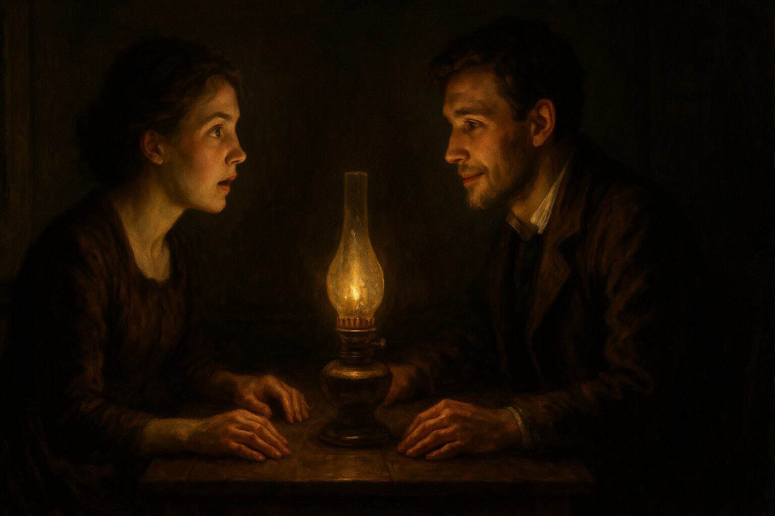 A man and woman meet across a lamplit table, leaning toward each other in dawning mutual understanding