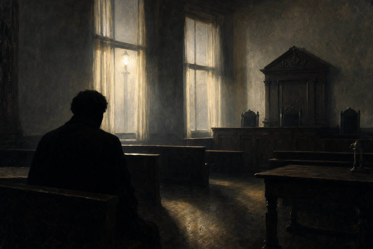 empty courtroom at dawn, single figure in shadows — Confessions to the Empty Chair by Anthony Adore