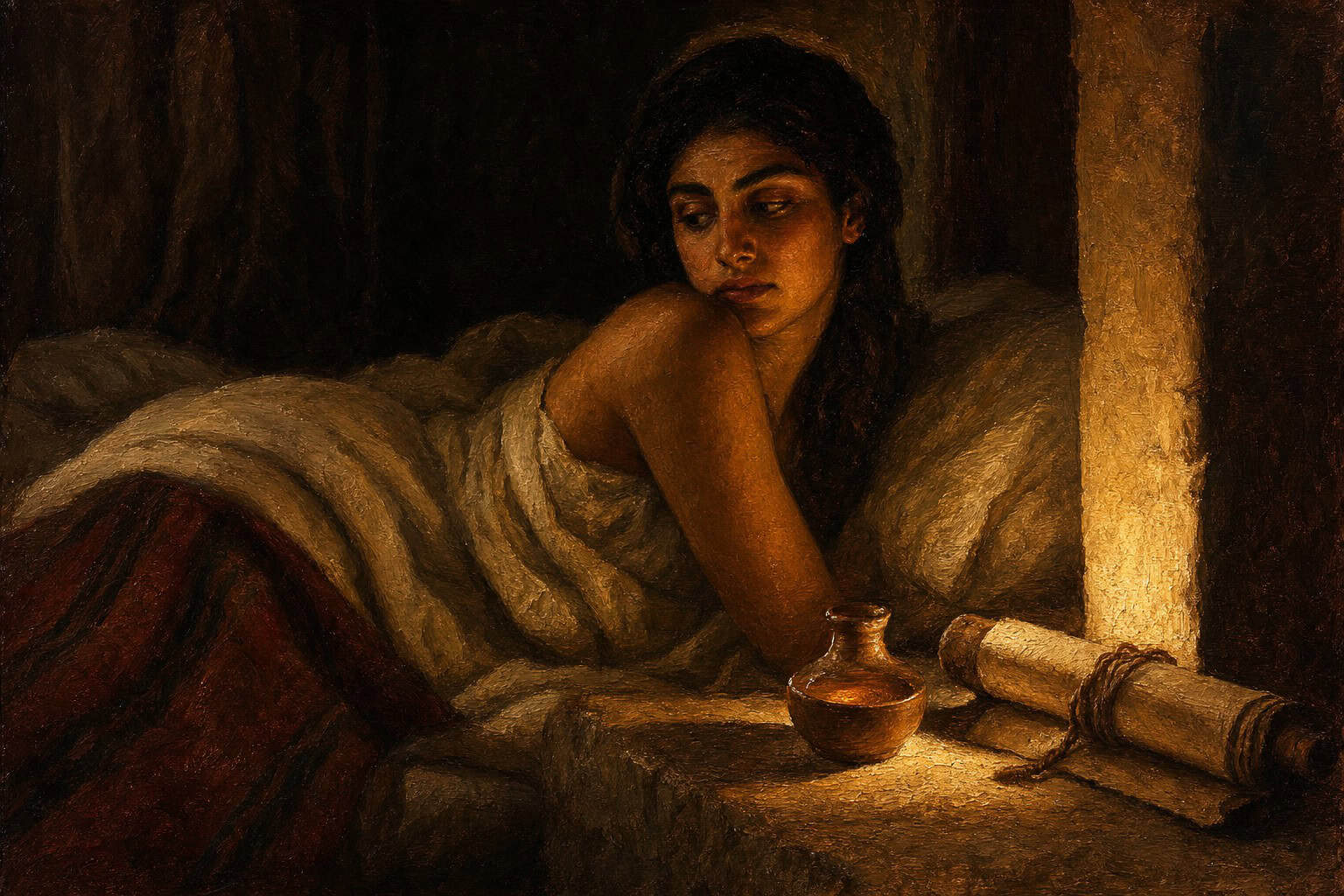 A young woman sits on a bed, wrapped in a blanket, gazing thoughtfully out a window, with soft light illuminating her face.