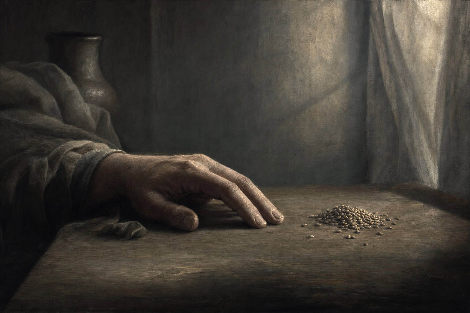 A single hand resting still on a table, a small heap of unsown seeds beside it — Confessions to the Empty Chair by Anthony Adore