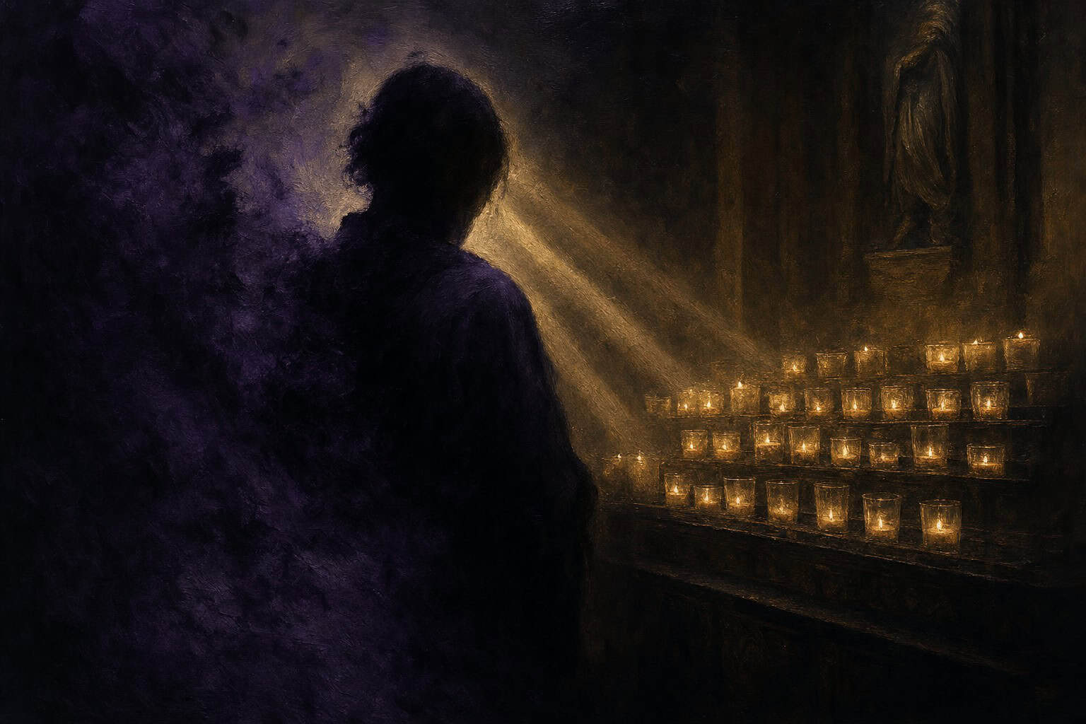 figure half-dissolved in shadow while specific rays of light reach toward them — Confessions to the Empty Chair by Anthony Adore